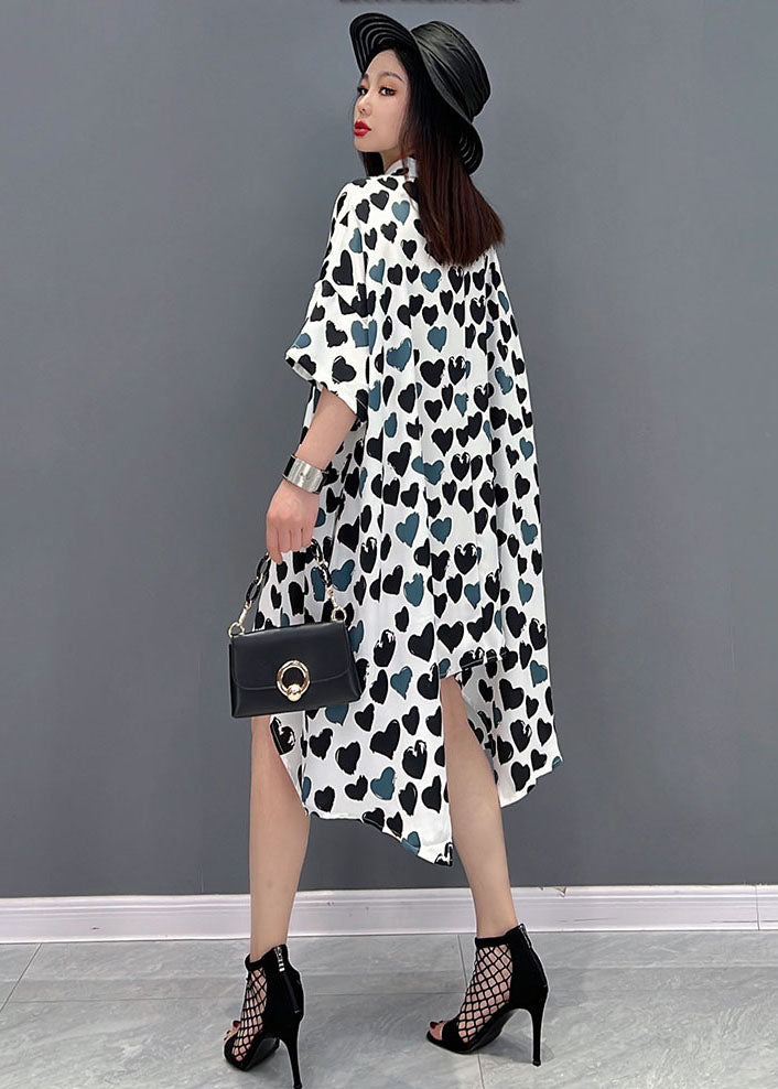French Grey Peter Pan Collar Asymmetrical Design Heart-shaped Print Chiffon Shirt Dress Short Sleeve