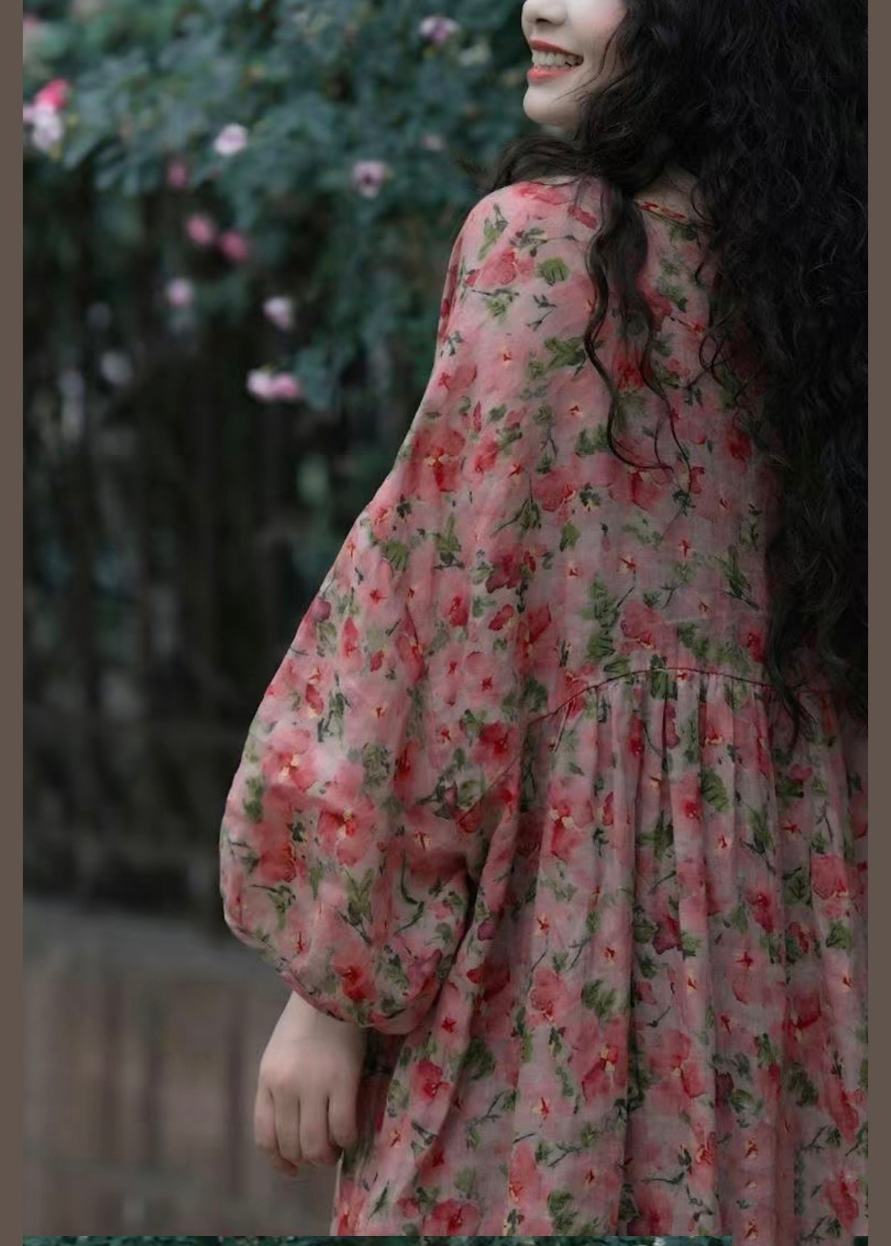French O-neck Print Wrinkled Cotton Dresses Spring