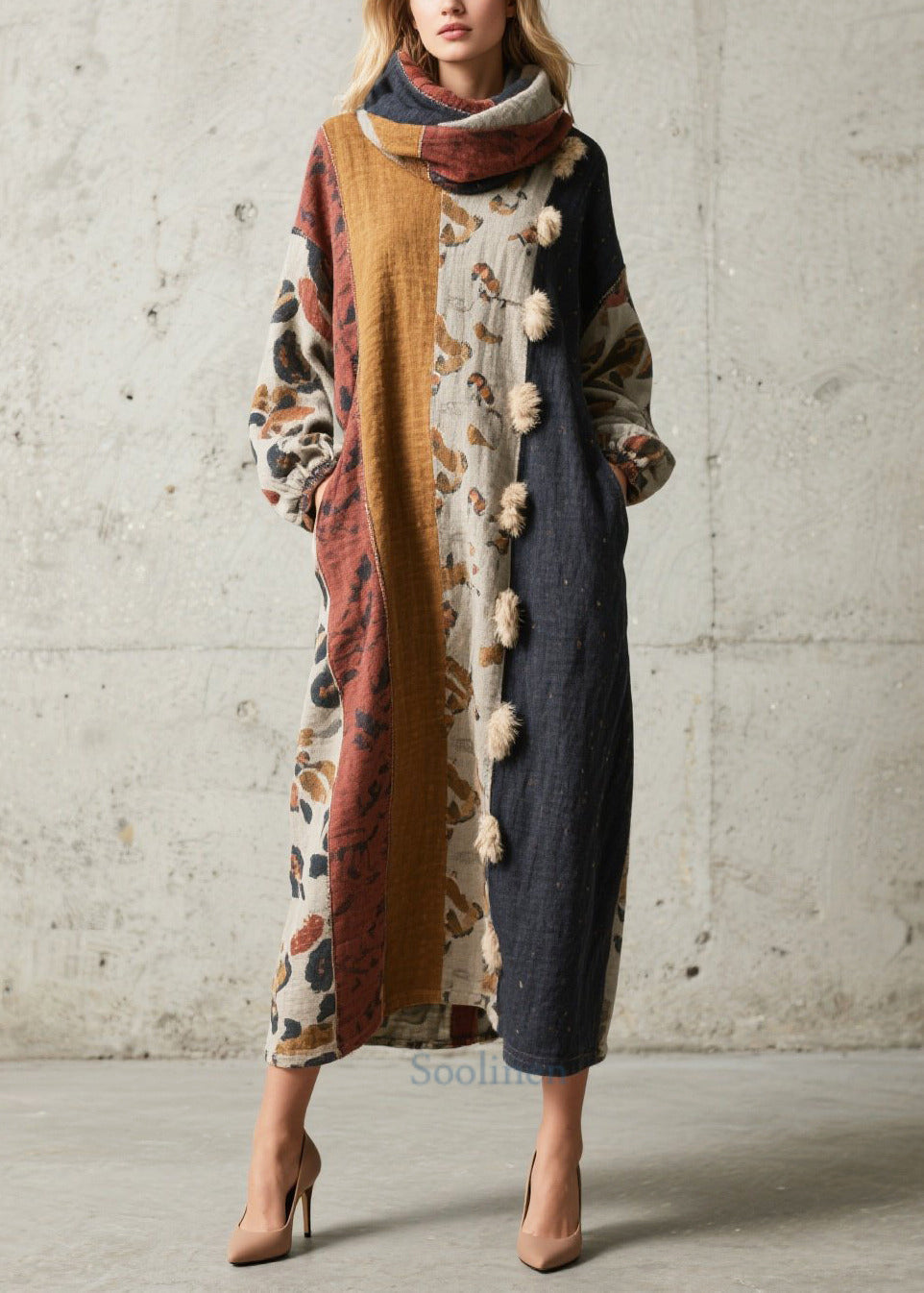 French Oversized Patchwork Fuzzy Ball Decorated Long Dresses Fall