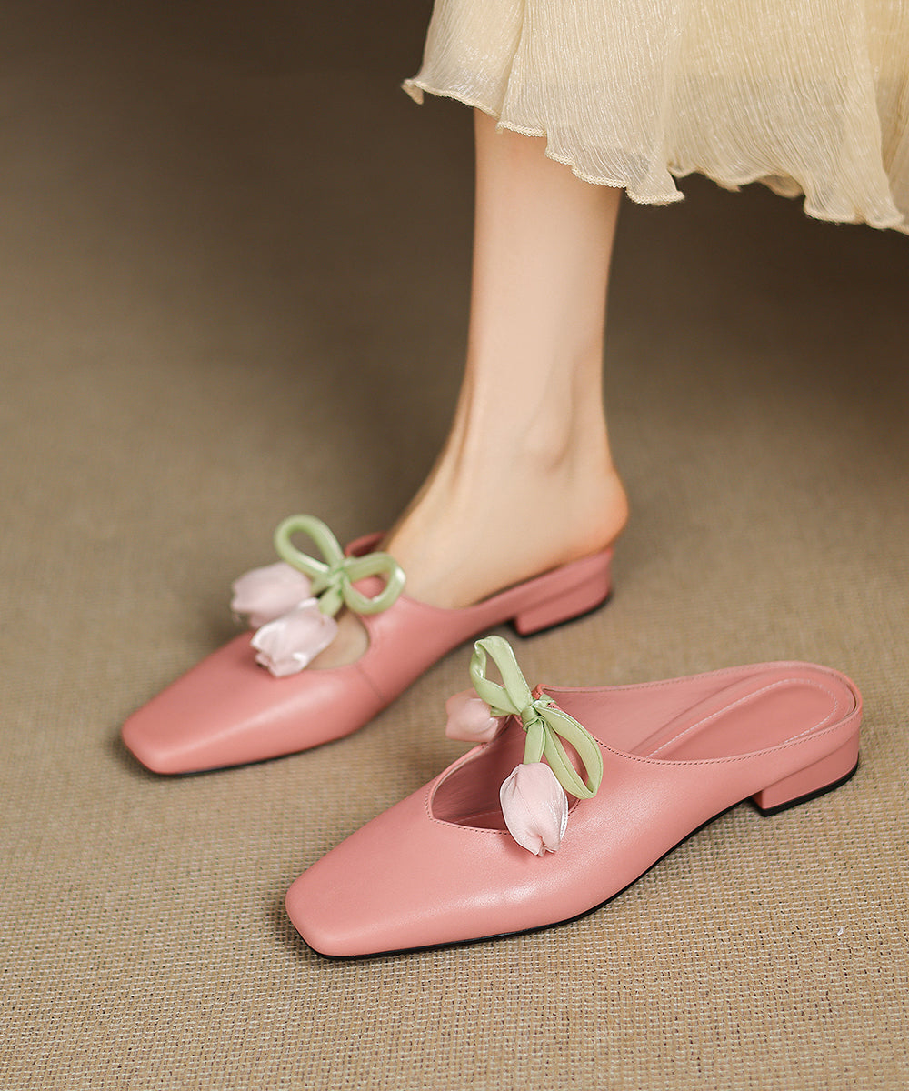 French Pink Cowhide Leather Splicing Slide Sandals