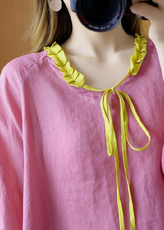 French Pink Ruffled Tie Asymmetrical Design Fall Shirt Three Quarter Sleeve