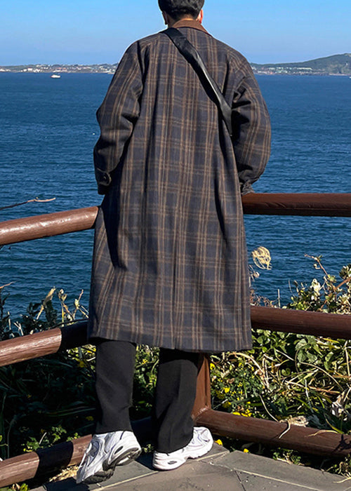 French Plaid Button Pockets Woolen Trench Coat Winter