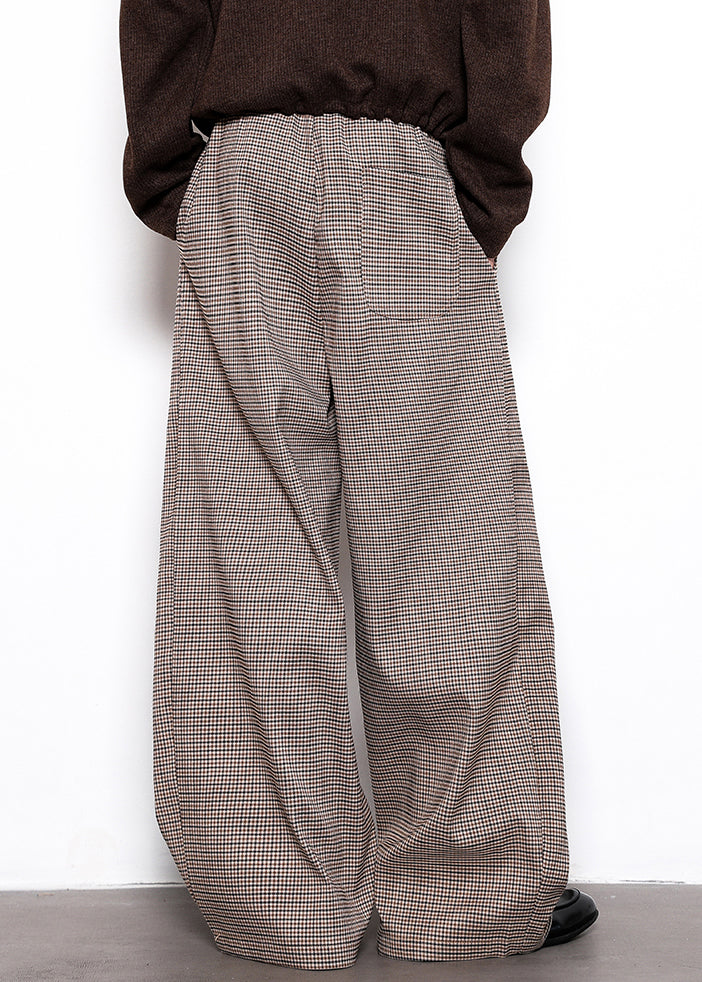 French Plaid Lace Up High Waist Cotton Wide Leg Pants Fall