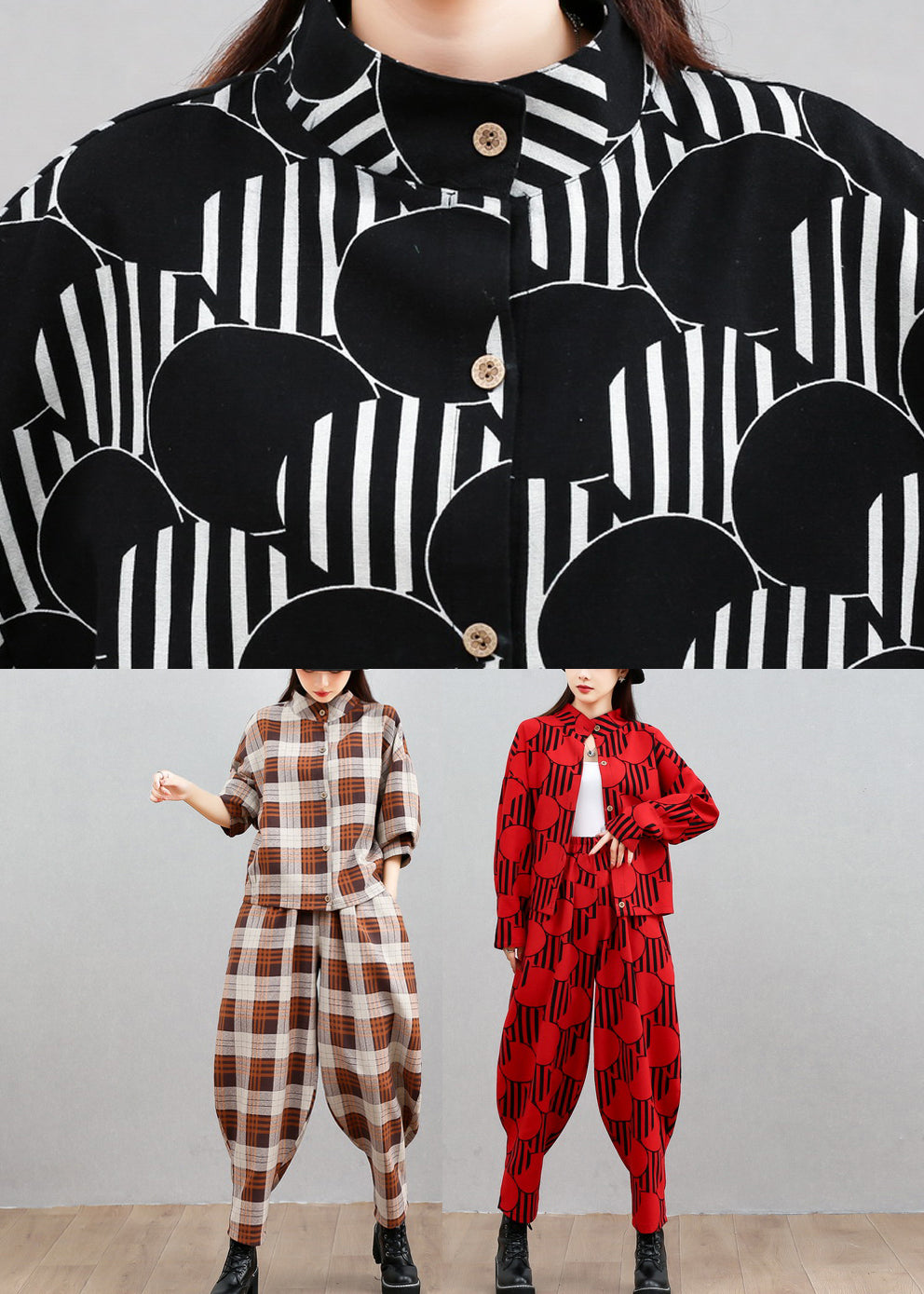 French Red Stand Collar Shirts and Beam Pants Two Pieces Set Long Sleeve