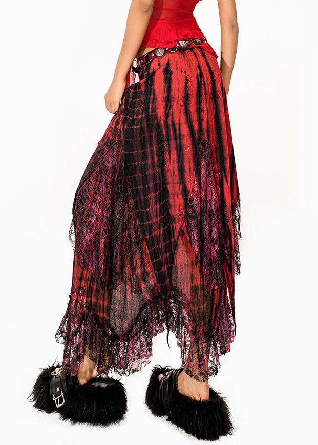 French Red Tie Dye Asymmetrical Patchwork a Line Skirts