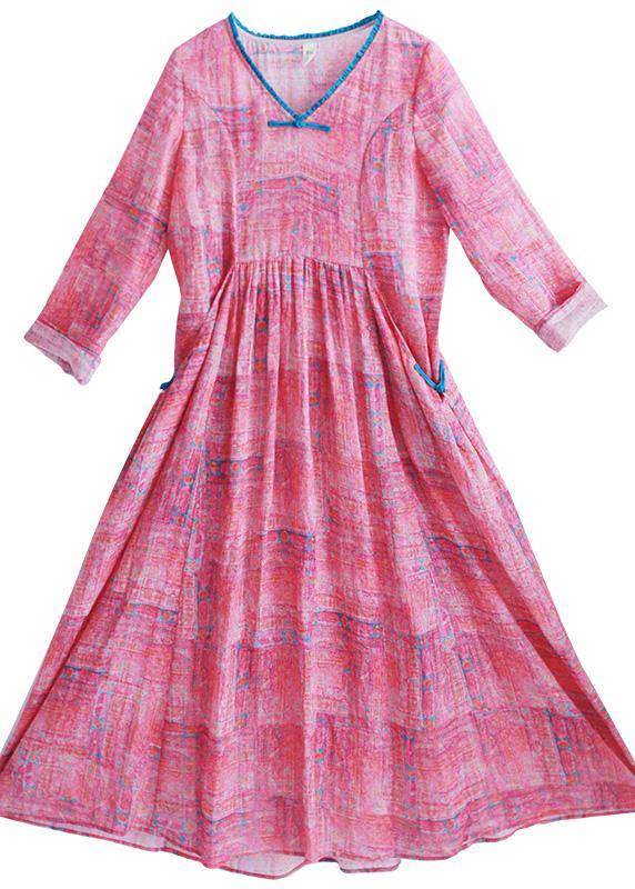 French Rose Print Clothes V Neck Patchwork Maxi Spring Dress