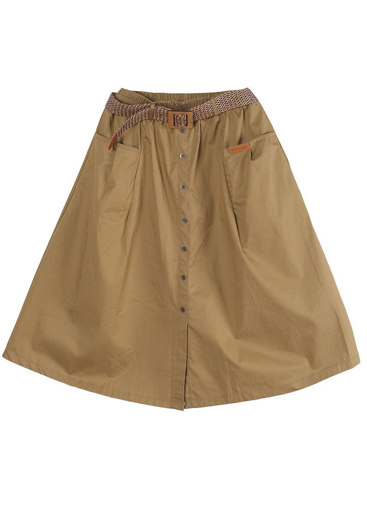 French Color Khaki Elastic Waist Pockets Button Sashes Cotton a Line Skirts Summer