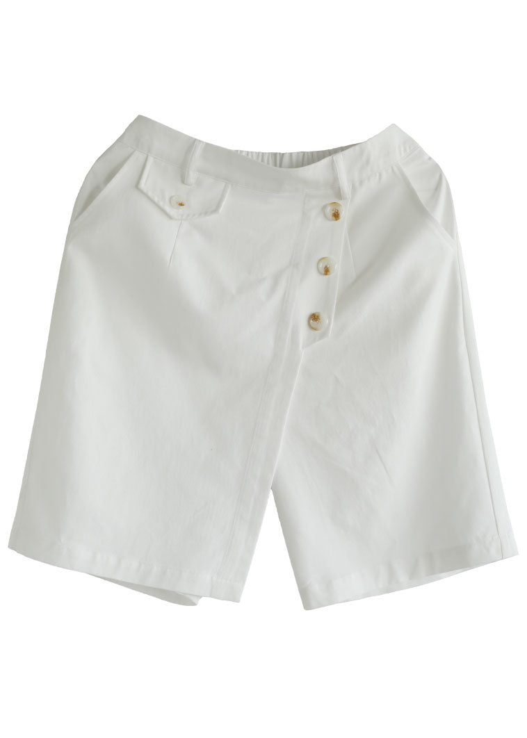 French White Elastic Waist Asymmetrical Button Cotton Wide Leg Crop Pant Summer
