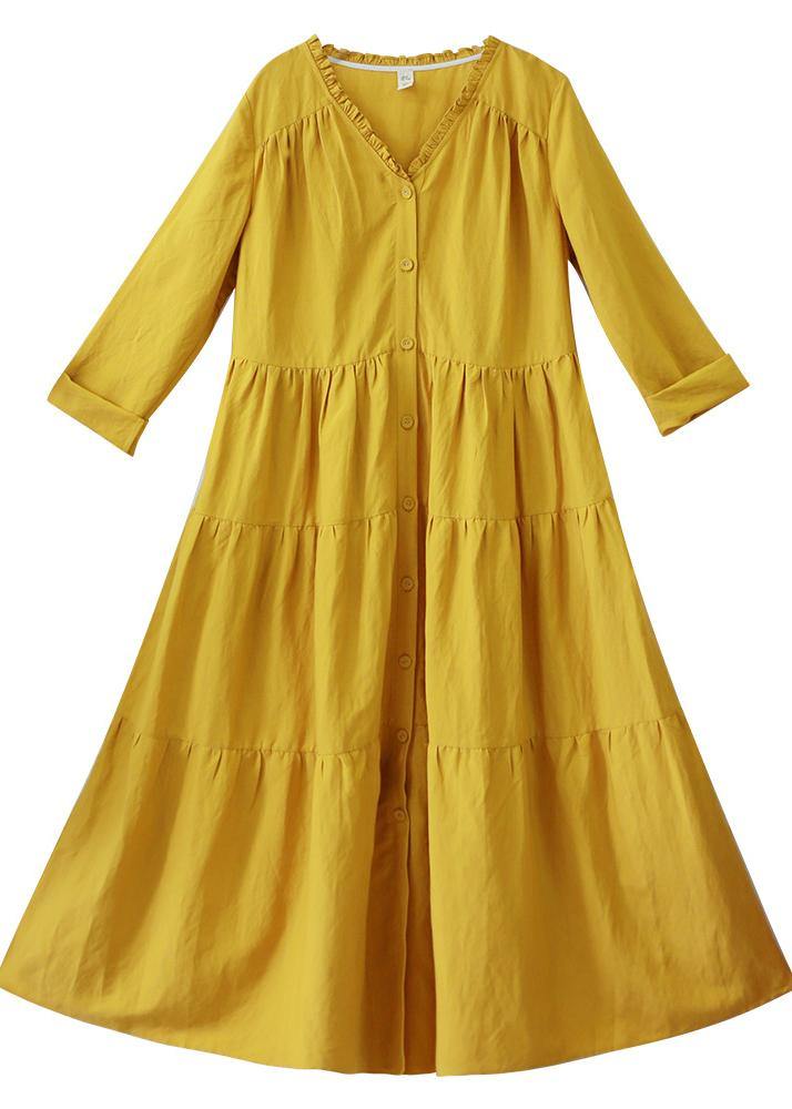 French V Neck Patchwork Spring Dresses Fabrics Yellow Dresses