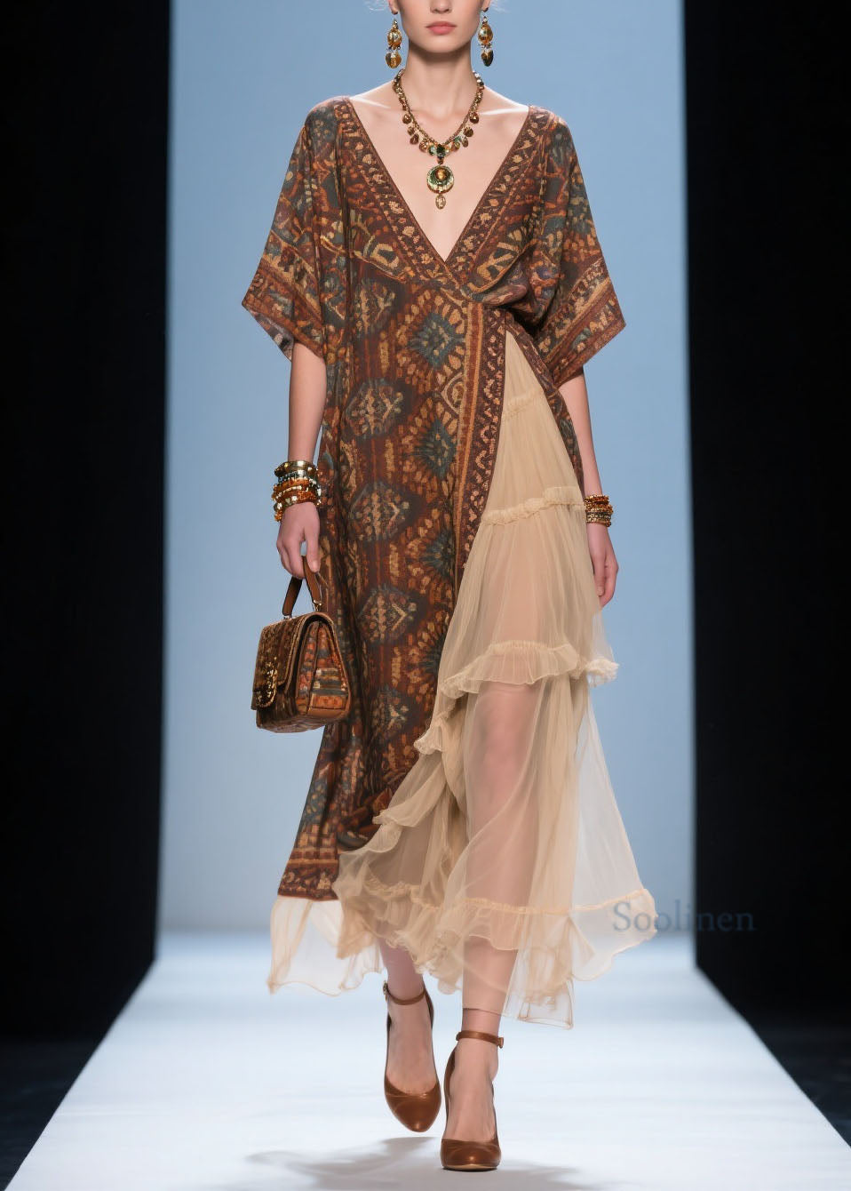 French V Neck Print Ruffled Patchwork Cotton Dress Summer