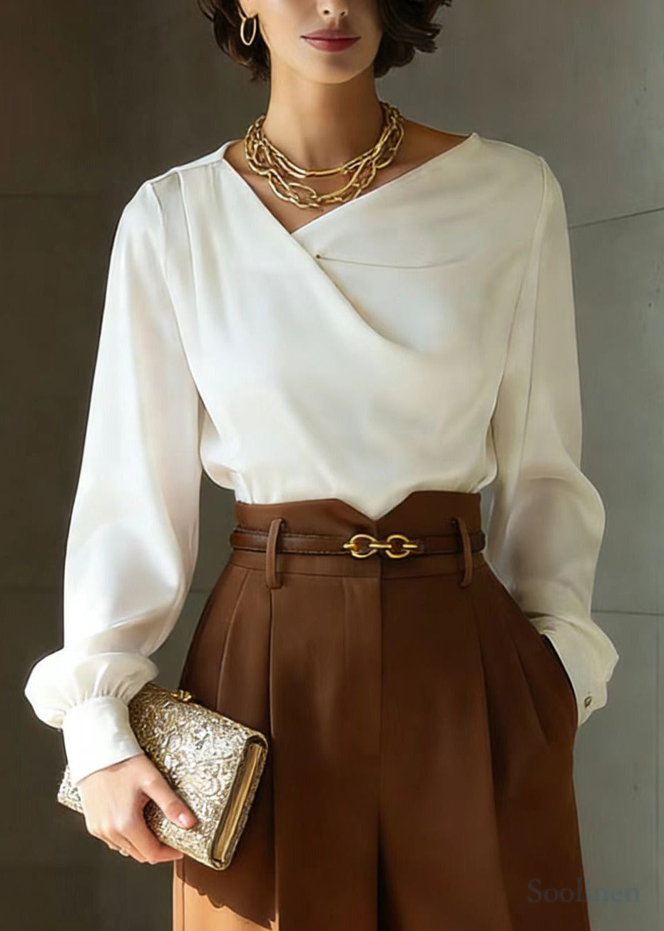 French White Asymmetrical Draping Silk Blouse Top Spring