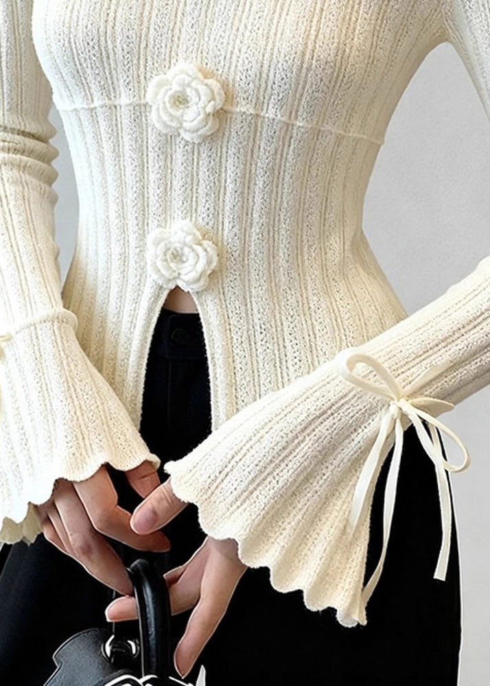 French White Patchwork Thin Knit Top Flare Sleeve