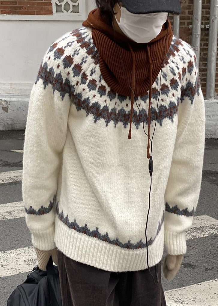 French White O Neck Geometric Cozy Knit Sweater Winter