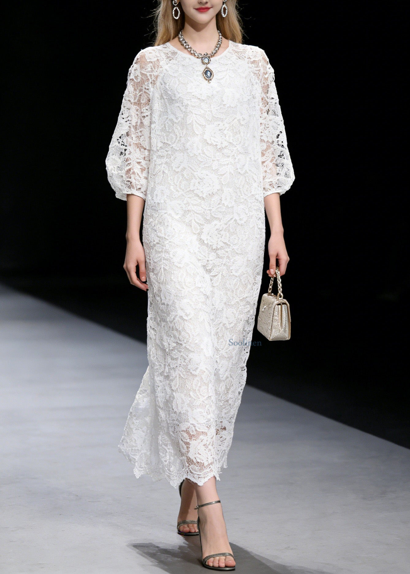 French White O Neck Hollow Out Lace Long Dress Summer