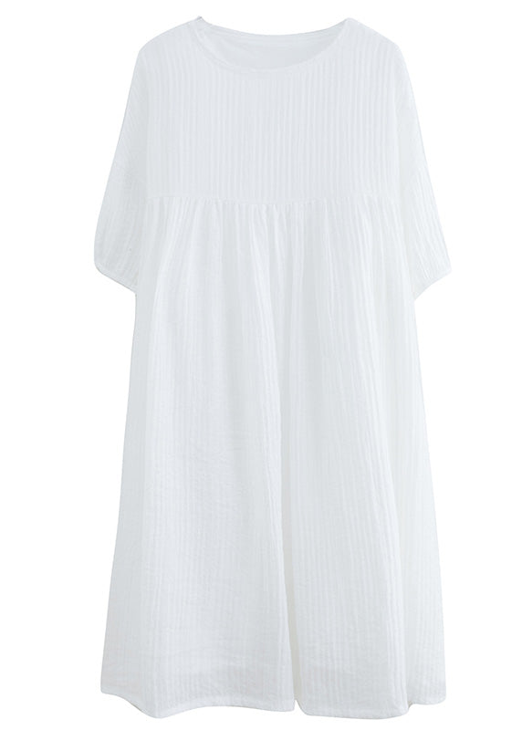French White O-neck Patchwork Maxi Dress Short Sleeve