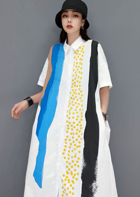 French White Peter Pan Collar Tie Dye Cotton a Line Dress Short Sleeve
