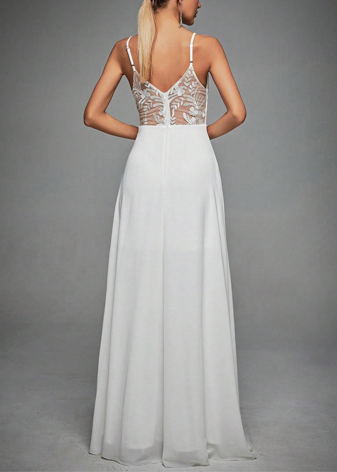 French White V Neck Lace High Waist Spaghetti Strap Dress Sleeveless