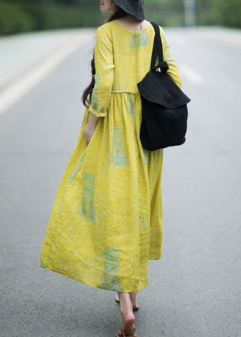 French Yellow Print Clothes V Neck Cinched Maxi Spring Dress