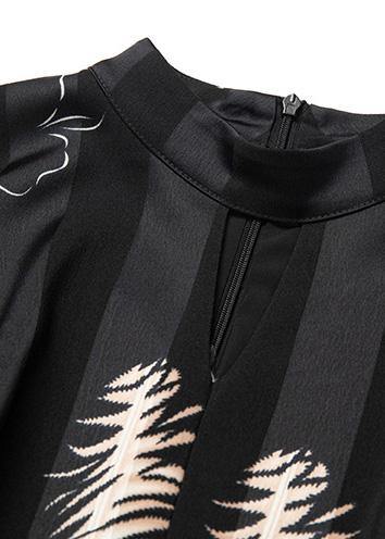 French Big Hem Cotton Prints Tunic Top Sleeve Black Long Dress