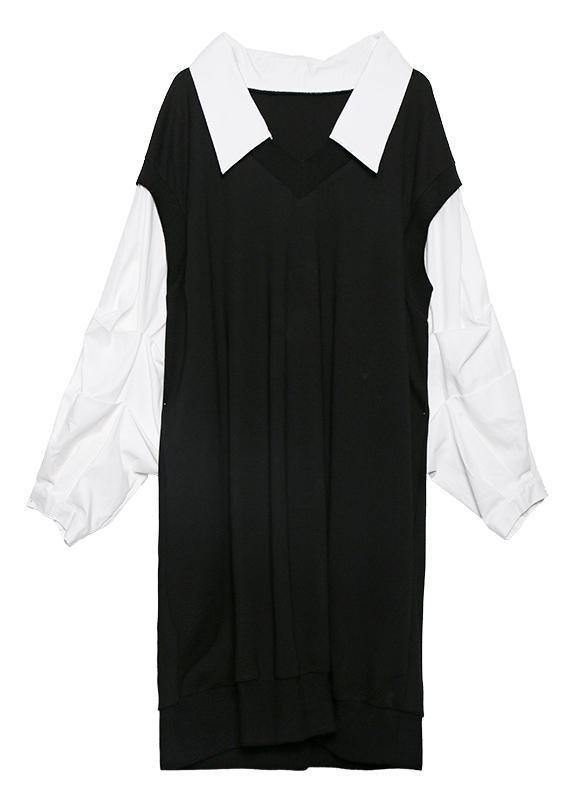 French Black Patchwork White Cotton Tunic Dress Lapel Cinched Long Dress