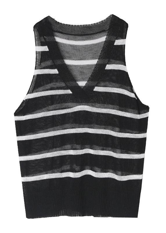 French Black Striped Shirts V Neck Summer Shirt