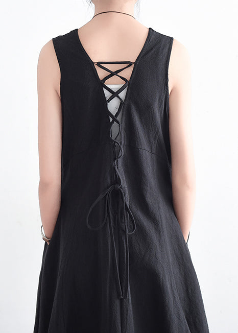 French Green V Neck Linen Clothes for Stylish Design Sleevless Loose Summer Dress