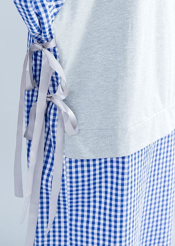 French Blue Plaid Cotton O Tutorials Stand Collar Tie Waist Cotton Summer Dresses