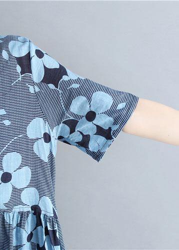 French Blue Print Cotton Linen Clothes O Neck Cinched Maxi Dresses