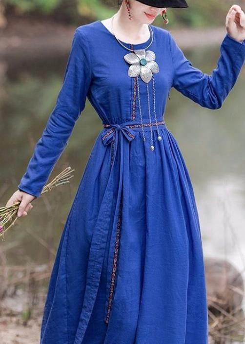 French Blue Cinched Dresses O Neck Tie Waist Robes Dresses