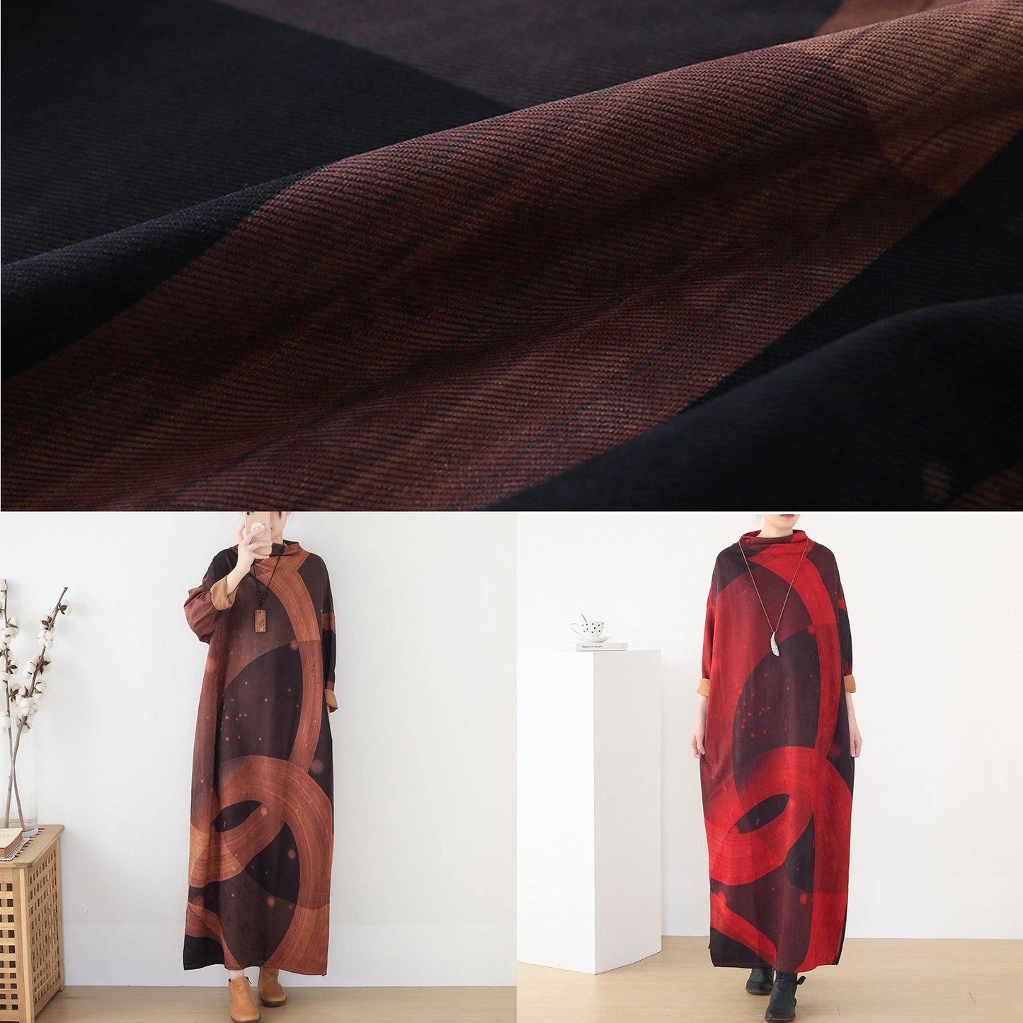 French Brown Priints Cotton Dresses Loose Waist Art O Neck Dress