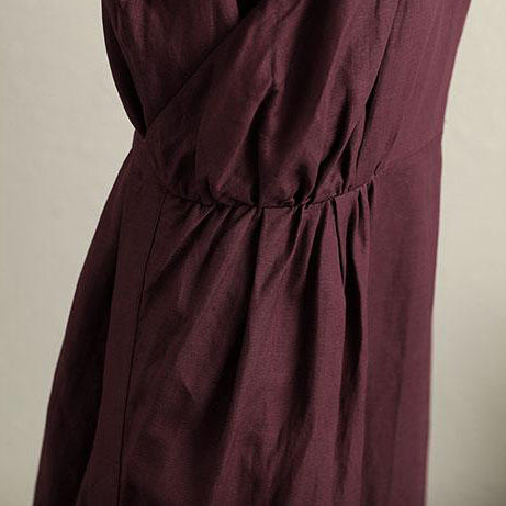 French Cotton Long Shirts Pakistani V Neck Long Sleeves Dark Red Dress