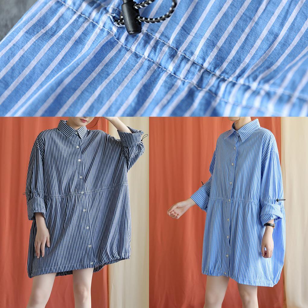 French Drawstring Cotton Dresses Fabrics Dark Blue Shirt Dress Fall