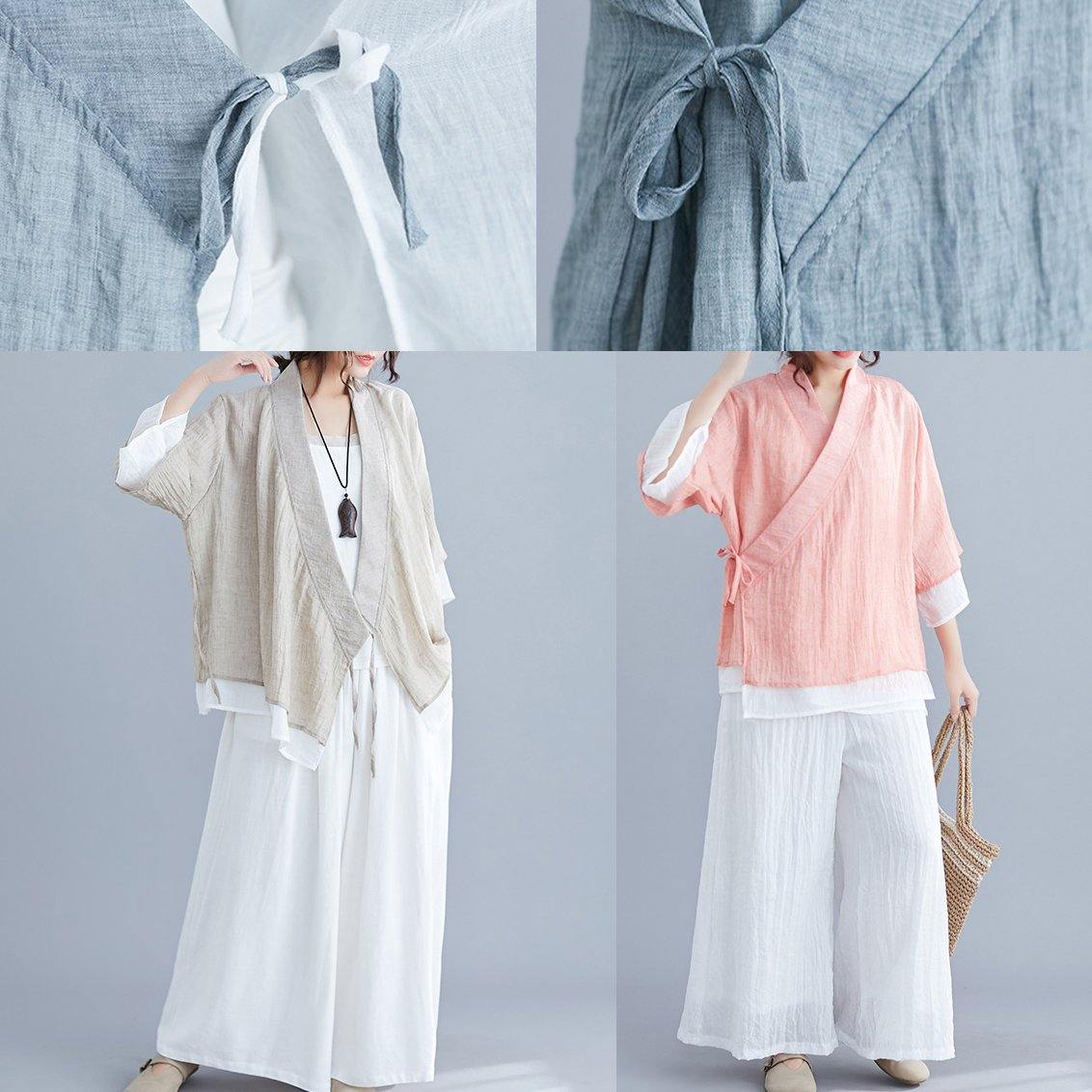 French Gray Cotton Tunic Pattern V Neck Half Sleeve Summer Shirts