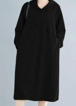 French Hooded Drawstring Cotton Spring Tunics Gray Dresses
