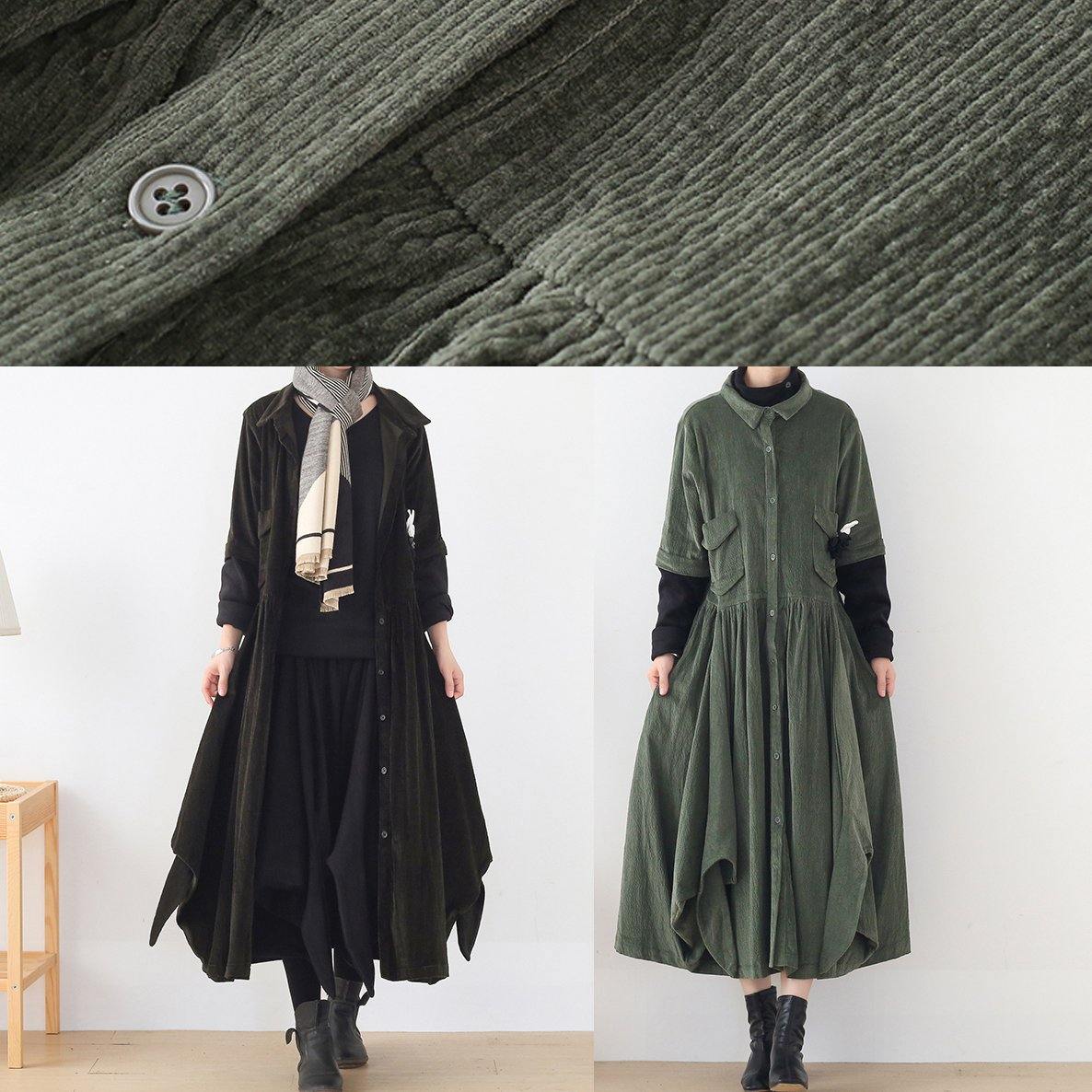 French Lapel False Two Pieces Clothes Army Green Kaftan Dress