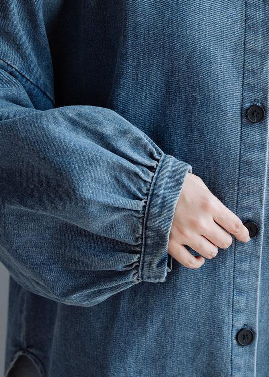 French Low High Design Cotton Shirts Pattern Denim Blue Blouse Fall