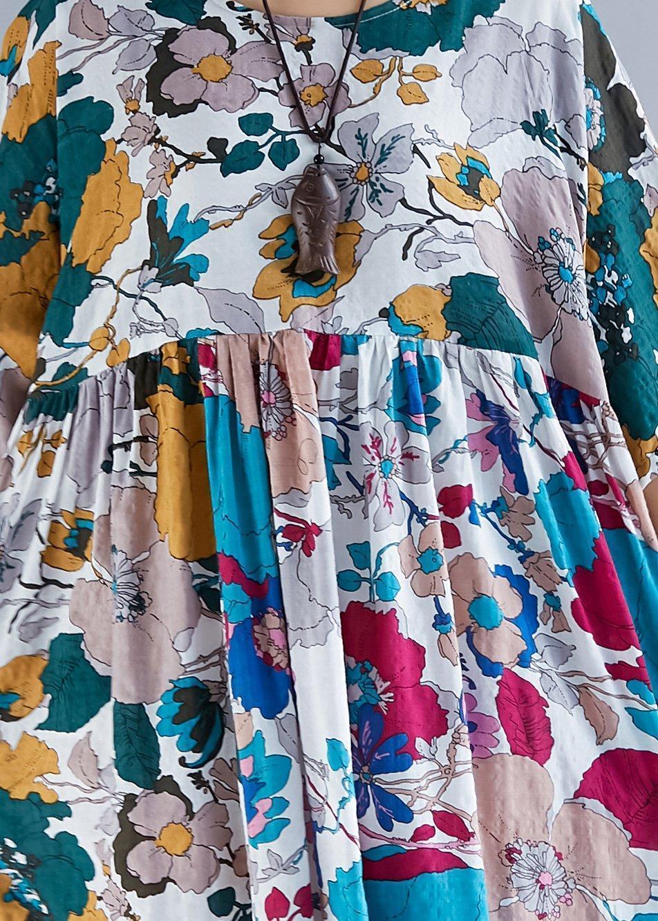 French O Neck Cinched Patchwork Chiffon Robes Pakistani Sleeve Print Maxi Dress Summer