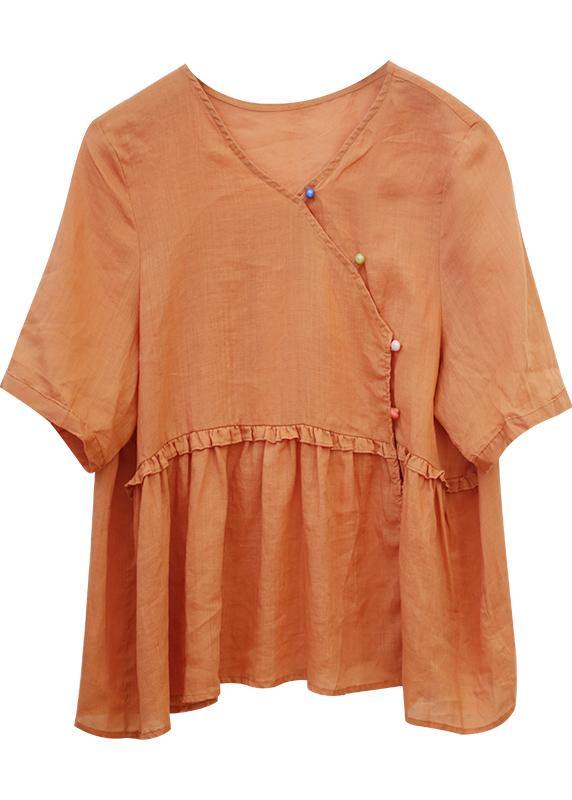 French Orange Linen Clothes O Neck Cinched Knee Blouse