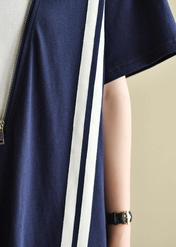 French Patchwork Zippered Clothes Tunic Tops Navy Dress