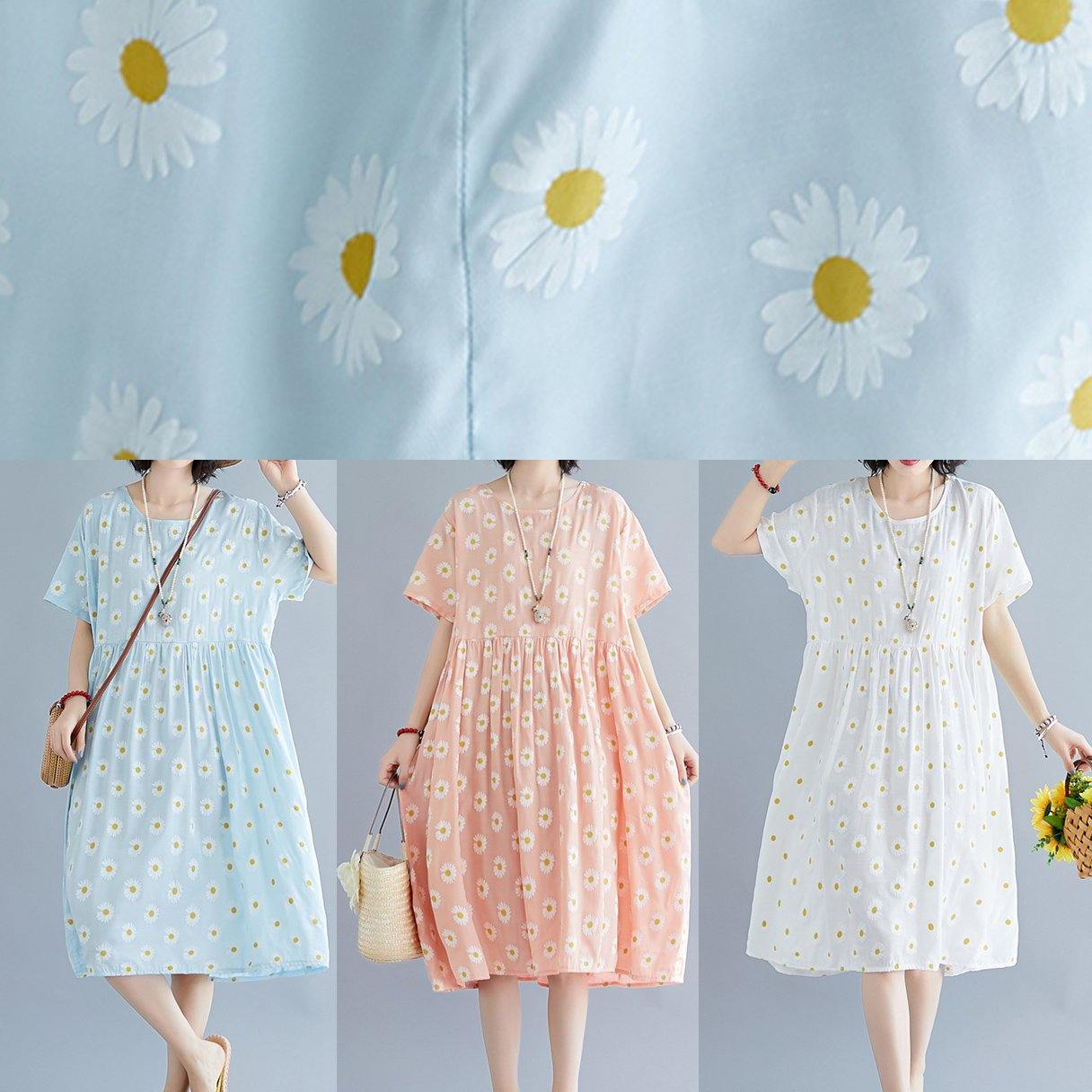 French Pink Daisy Print Outfit O Neck Daily Summer Dresses