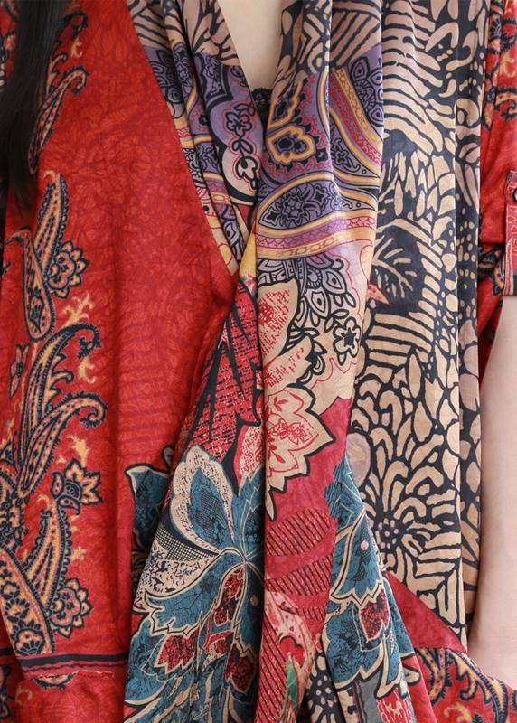 French Red Print Clothes for V Neck Patchwork Dresses