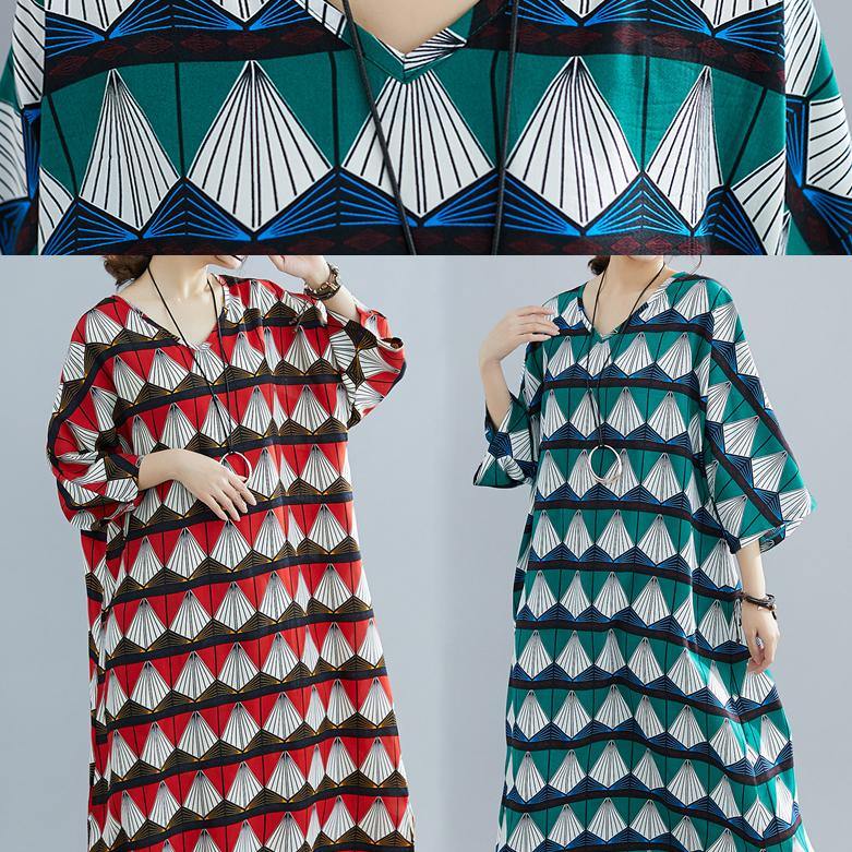 French Red Prints Cotton Tunic Pattern Mom Photography V Neck Traveling Summer Dresses