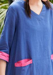 French V Neck Patchwork Linen Clothes for Blue Print Dress Summer