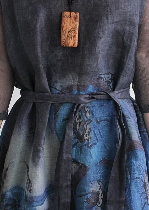 French V Neck Pockets Linen Summer Outfit Fabrics Blue Print Dress