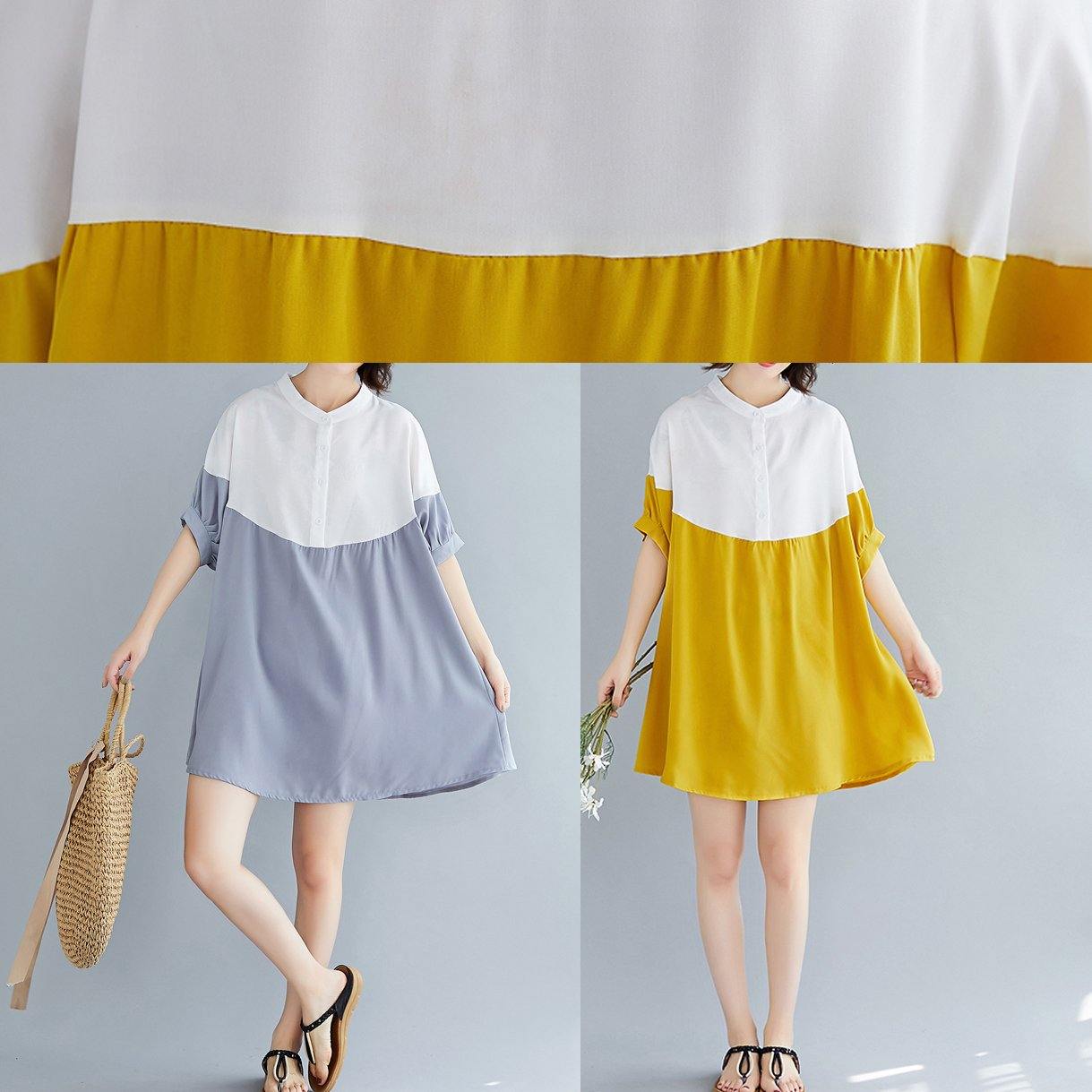 French Yellow Chiffon Dresses O Neck Patchwork Traveling Summer Dresses