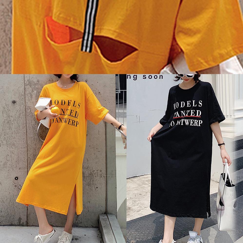 French Yellow Cotton Tunic Dress Side Open Robe Summer Dresses