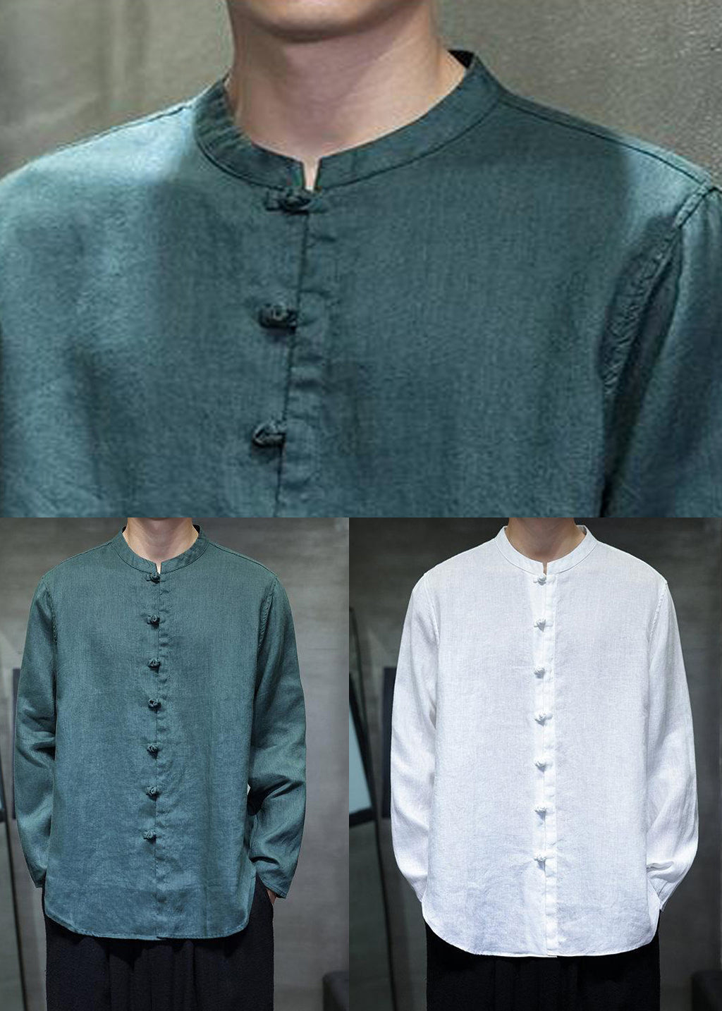 Green Button Solid Linen Shirt Men Stand Collar Long Sleeve