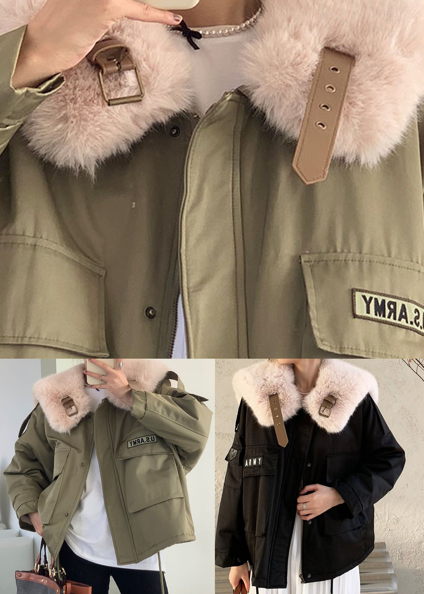 Green Fox Collar Pockets Fine Cotton Filled Winter Coat