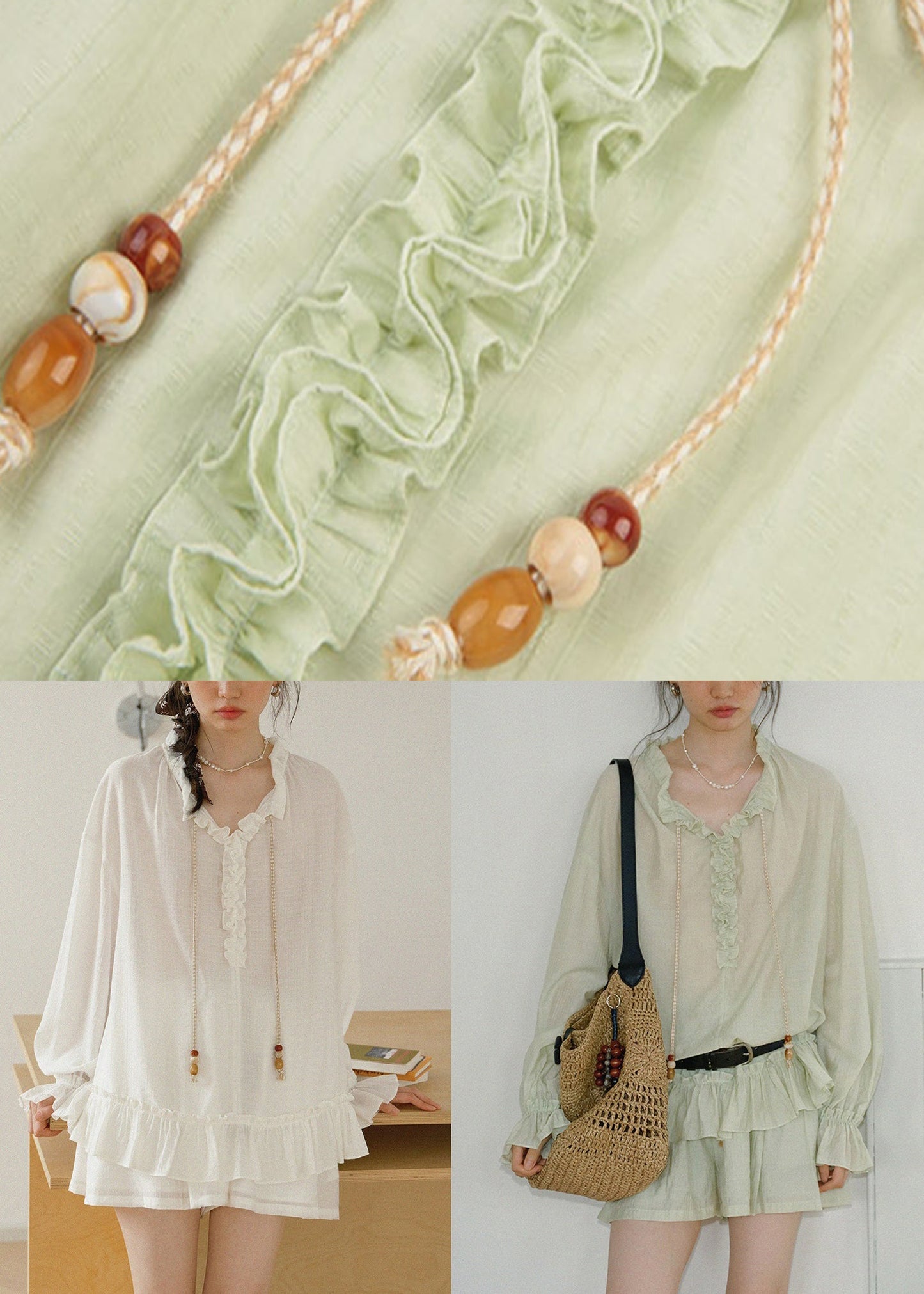 Green Lace Up Pockets Shirts and Shorts Cotton Two-piece Set Ruffled Fall