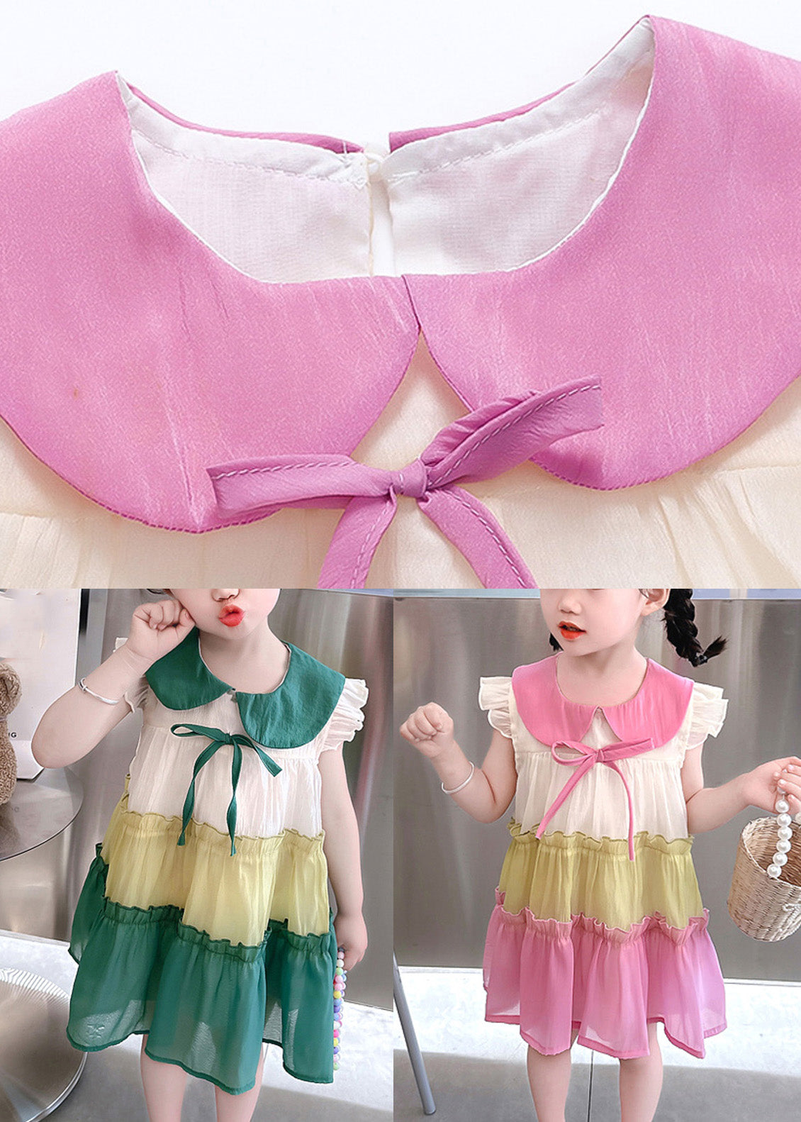 Green Peter Pan Collar Bow Cotton Mid Dresses Summer